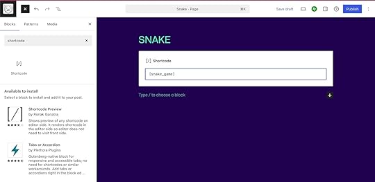Adding the snake game shortcode
