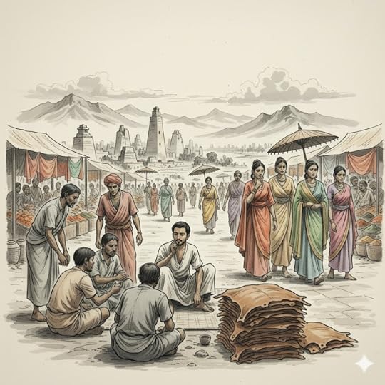 The Tanner of Vidari at the Trishala market, surrounded by his hides, observing the disinterest of both poor and wealthy customers, reflecting his ongoing struggle for recognition in the allegory by Shon Mehta.