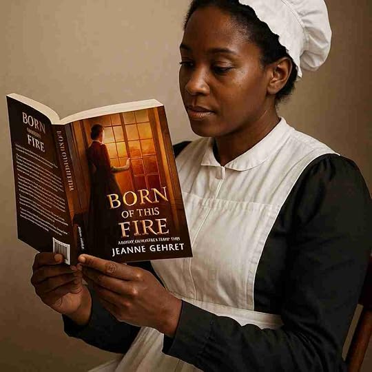 Black woman in Victorian servant uniform is reading the novel Born of This Fire by Jeanne Gehret