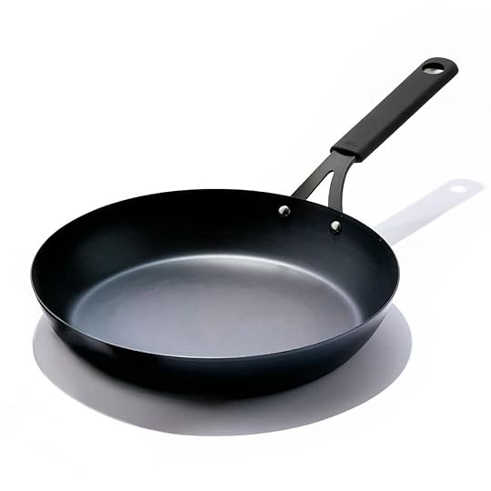 A black Oxo obsidian 12-inch carbon steel pre-seasoned skillet.