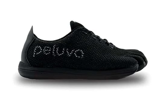 A side view of a black Peluva five toe athletic shoe.