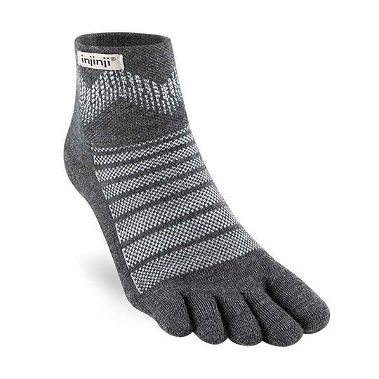 A closeup of a gray Injinji five-toe sock.