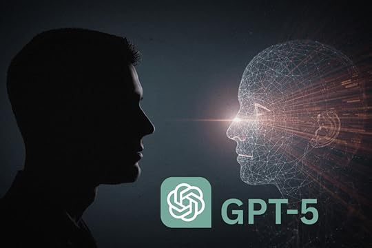 A human silhouette faces a glowing AI figure made of light and data, exchanging energy to symbolize human–AI collaboration.