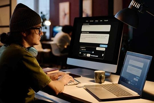 A professional reviewing data and AI responses on a digital screen, symbolizing real-time collaboration and verification with an advanced ChatGPT system. 