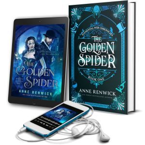 Composite of The Golden Spider covers showing a corseted heroine and gentleman spy, plus special edition with Victorian historical fantasy fiction steampunk objects.