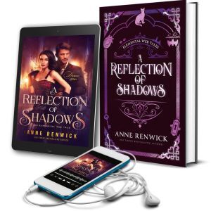 Covers of A Reflection of Shadows by Anne Renwick, a steampunk gaslamp romance. Classic cover has a Scottish thief and spy in foggy Victorian London. Special Edition has a black cat, heart, bat sign, lab gear, key, and lock.
