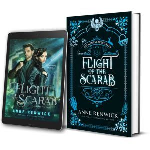 Composite image for the novel Flight of the Scarab by Anne Renwick, showing a corseted female mycologist and a spy in a graveyard, with mushrooms, a winged Egyptian scarab, Anubis, and a sun disk, blending steampunk, romance, and ancient magic.