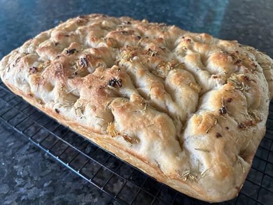 Rosemary Garlic Focaccia baked on cooling rack