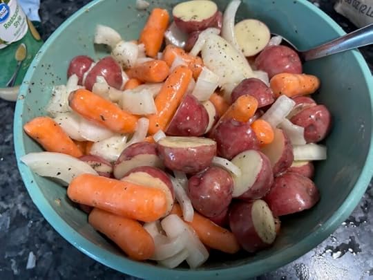 Tuscan Roasted Chicken and Veggies (pic of veggies in bowl coated in italian dressing)