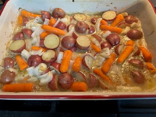 veggies in pan after baking thirty minutes
