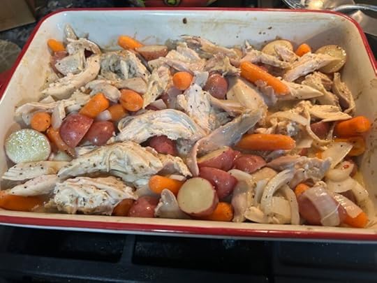 Tuscan Roasted Chicken and Veggies in casserole dish