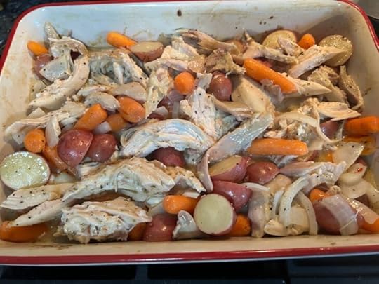 Tuscan Roasted Chicken and Veggies in casserole dish