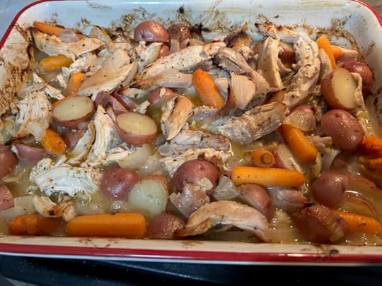 Tuscan Roasted Chicken and Veggies in casserole dish