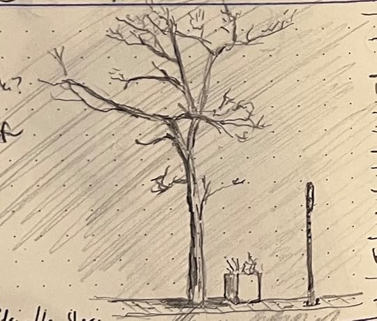 Pencil sketch of a little city tree next to a planter and a parking sign