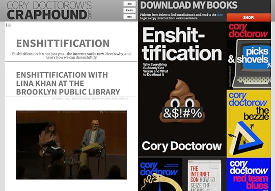 Screenshot of Cory Doctorow's website featuring the book 'Enshitification' and a discussion event with Lina Khan at the Brooklyn Public Library.
