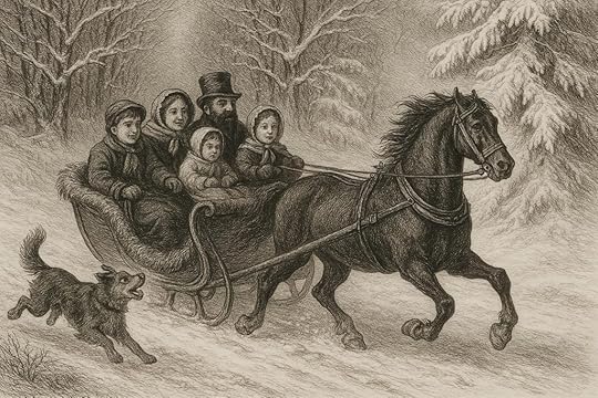 Image of family in huddled under blanket sleigh amid wintry landscape.