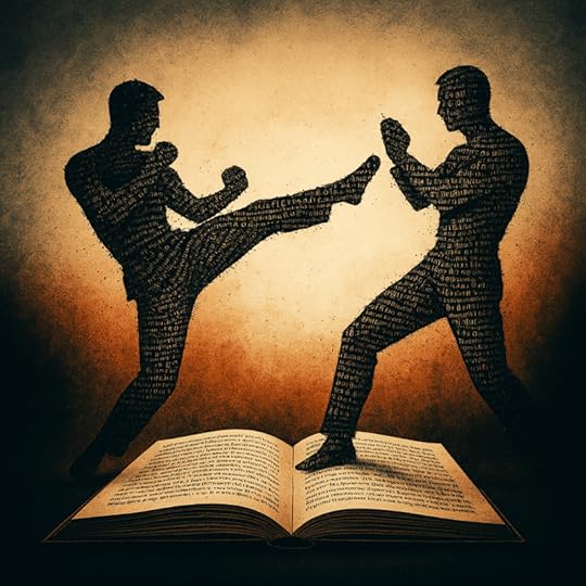 Two abstract figures made of text are engaged in a martial arts stance above an open book, symbolizing a clash between narrative and action.