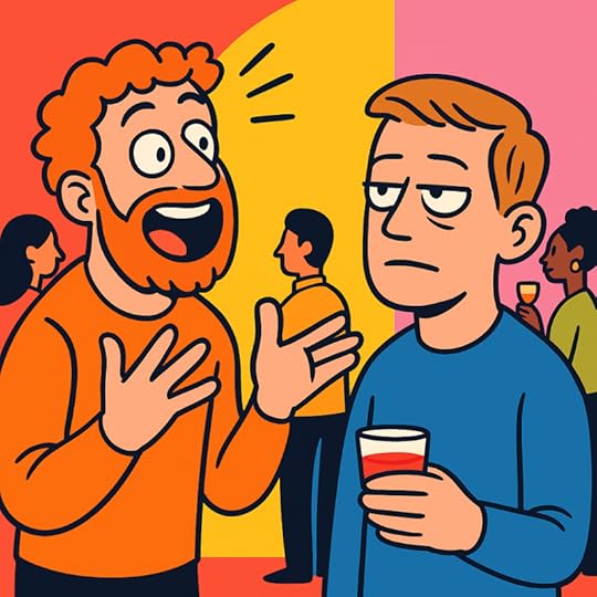 A lively social scene featuring a bearded man animatedly speaking to a skeptical-looking man holding a drink. Other partygoers are visible in the background, contributing to the vibrant atmosphere.