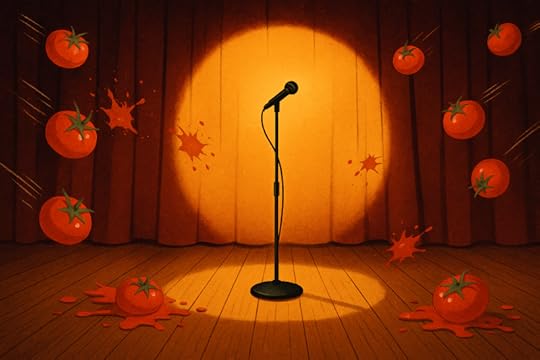A stage with a microphone under a spotlight, surrounded by flying and spilled tomatoes, illustrating a comedic or theatrical scene.