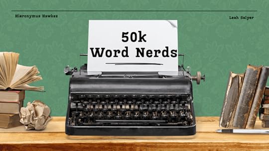 A vintage typewriter with a sheet of paper that reads '50k Word Nerds', surrounded by books and crumpled paper on a wooden table, against a green patterned background.