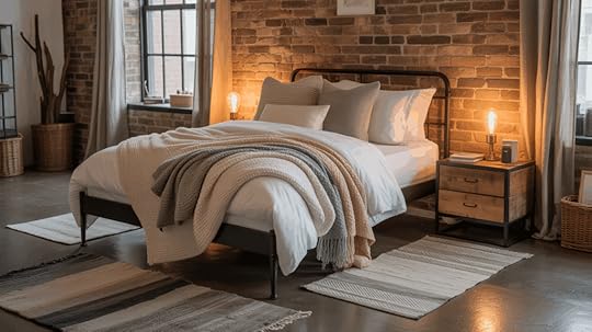 industrial bedroom with layered rugs