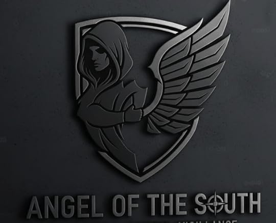 Dark, moody, slightly metallic-looking AI generated image for my own visualisation of thriller series Angel of the South. A hooded female figure has an angel wing.