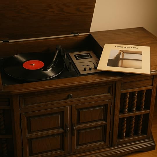 A vintage record player with a vinyl record and an album cover from Dire Straits displayed on a wooden console.