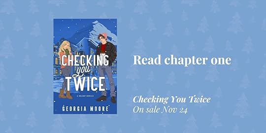 pale blue banner with book cover of holiday romance Checking You Twice