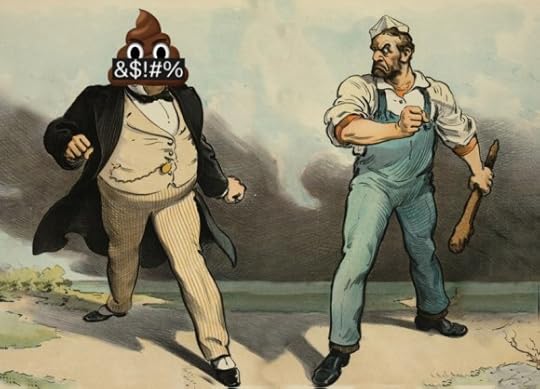 A Gilded Age editorial cartoon depicting a muscular worker and a corpulent millionaire squaring off for a fight; the millionaire's head has been replaced with the poop emoji from the cover of 'Enshittification,' its mouth covered in a grawlix-scrawled black bar.