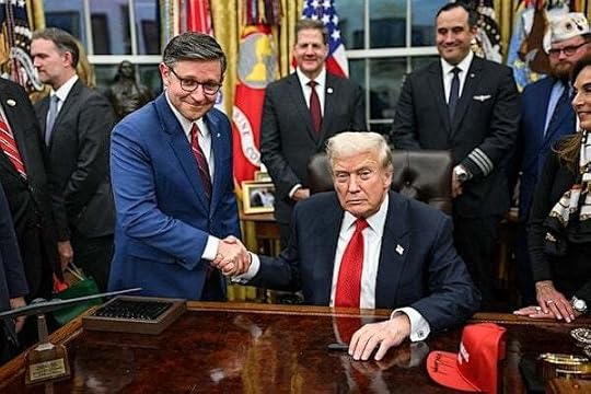 President Donald Trump and Speaker of the House Mike Johnson shake hands after signing the funding bill that reopens the government, Wednesday, Nov. 12, 2025, in the Oval Office. (Official White House photo by Daniel Torok)