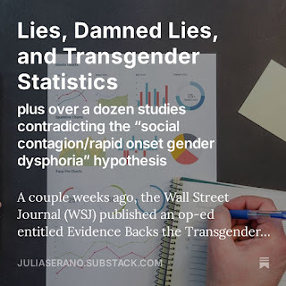 Substack promotion image for my new essay. Background image is a photo of a sheet of paper with an assortment of different types of graphs, with a hand scribbling in a notebook about to interpret them. The text includes the title of the essay: "Lies, Damned Lies, and Transgender Statistics (plus over a dozen studies contradicting the “social contagion/rapid onset gender dysphoria” hypothesis)," plus the opening line of the essay ("A couple weeks ago, the Wall Street Journal (WSJ) published an op-ed entitled Evidence Backs the Transgender Social-Contagion Hypothesis..."), and my website: juliaserano.substack.com