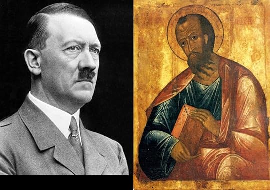 A side-by-side comparison of a historical photograph of Adolf Hitler and an icon depicting Saint Paul.