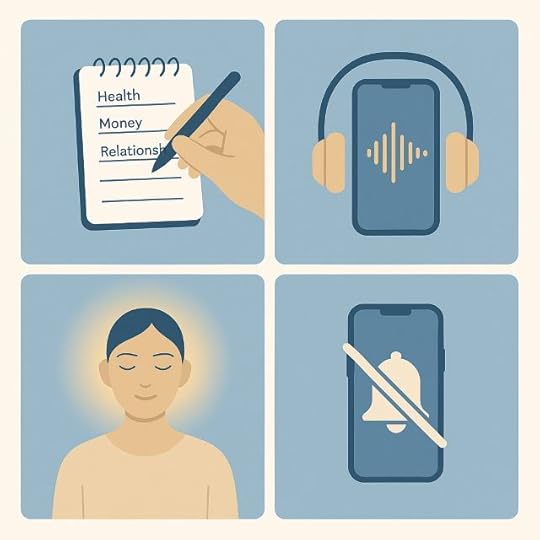 2x2 illustration showing four steps—writing “Health, Money, Relationships” goals, listening to affirmation audio with headphones, calmly meditating, and silencing phone notifications—visual guide on how to program the subconscious mind.
