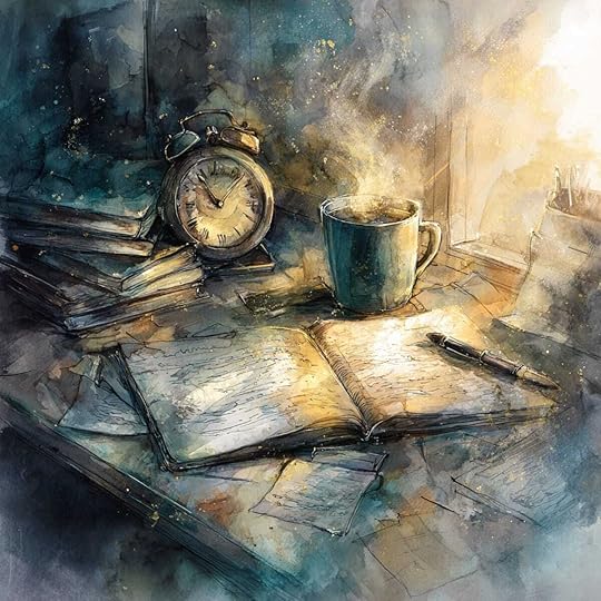 Writer's desk with warm light and fogged clock