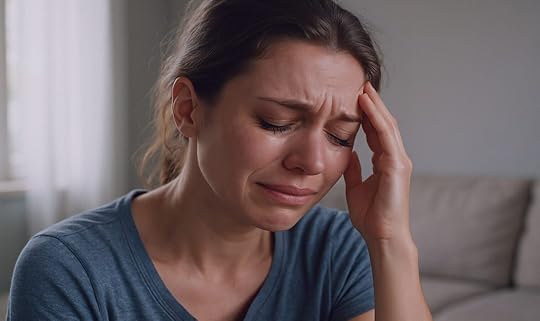 A young woman sits indoors in soft daylight, eyes closed and face tense with emotion, one hand pressed to her temple as she cries, capturing the raw intensity of emotional pain.