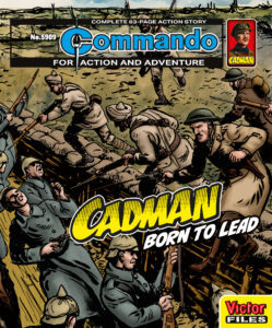 The cover for issue 5909 of Commando, Cadman: Born to Lead. It shows trench fighting in World War One, with British and Indian troops storming a German trench.