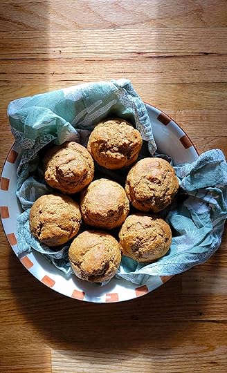 Hackberry muffins in a bowl in the sunlight.