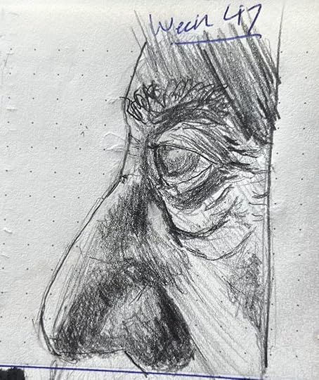 A pencil sketch of an elderly man's face in profile, cropped such that only his prodigious nose and vulture eye are visible