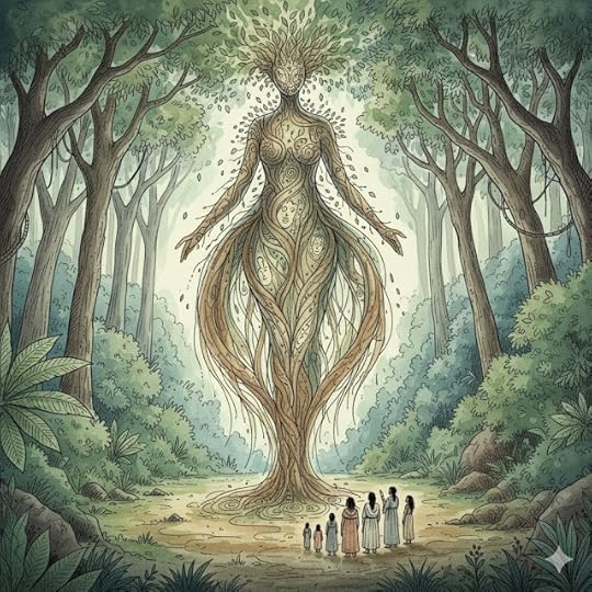 Medini, the goddess of birth and death, rising before families in the jungle. A visual representation of the 'Lore Of Jivavarta: Vakshi Monastery' narrative, showing her mystical form that is neither woman, man, nor tree, symbolizing her deep connection to the jungle's secrets."