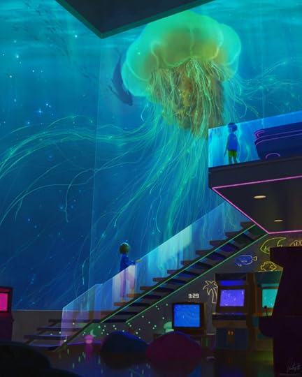 A digital painting of two young boys gazing at a giant jellyfish out the towering window of their home arcade. It's night time, and the arcade lights flicker. A mermaid is visible in the ocean outside the window
