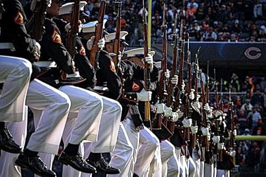 Marines with the U.S. Marine Corps Silent Drill Platoon execute the 'long line' sequence during a halftime show at the Chicago Bears vs. New England Patriots football game at Soldier Field in Chicago, Illinois, Nov. 10, 2024. (U.S. Marine Corps photo by Lance Cpl. Iyer P. Ramakrishna)