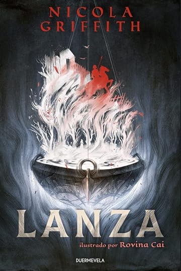 Cover of a novel, Lanza by Nicola Griffith, showing a hanging bowl against a dark background, above with a mounted warrior and a fort rise in the steam