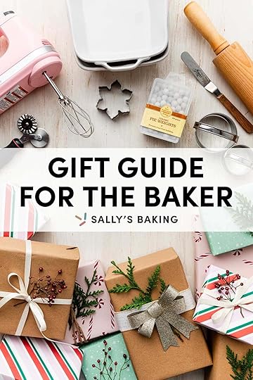 wrapped presents and baking tools with text Gift Guide for the Baker on top.