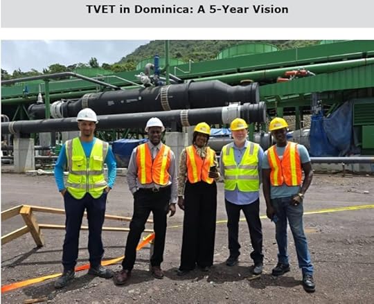 Group of five individuals in safety vests and hard hats standing at an industrial site in Dominica, featuring large piping in the background. The image highlights a focus on vocational education and training.