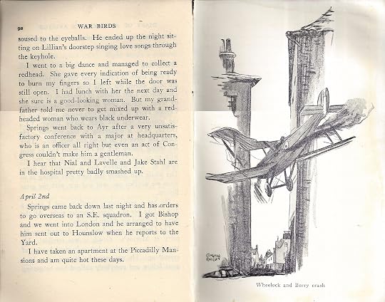 Illustration; Wheelock and Berry crash -- biplane about to hit a building by Clayton Knight