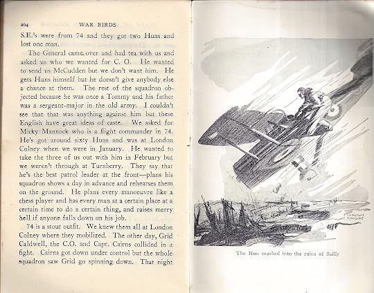 Illustration; pilot standing on the wing of an SE5a biplane as it dives, reaching into the cockpit to pull back the stick, by Clayton Knight