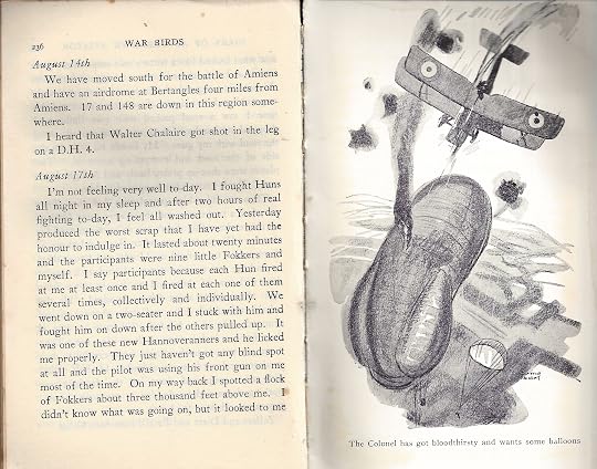 Illustration; an SE5a biplane diving on an observation balloon, by Clayton Knight