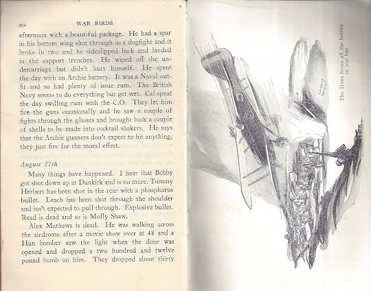 Illustration; a biplane strafing soldiers and cars, by Clayton Knight