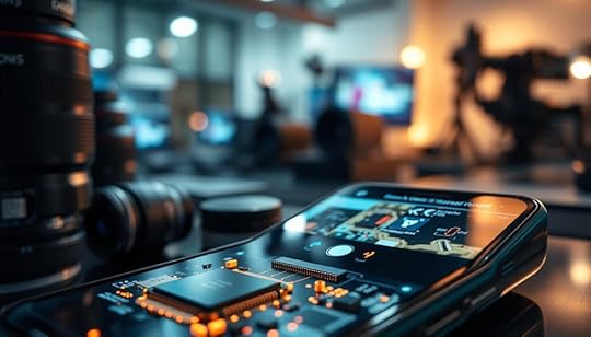 A close-up view of advanced camera application technology, featuring a sleek, modern chip embedded in a high-end smartphone. The chip is designed with intricate circuitry and glowing components, emphasizing cutting-edge innovation. In the foreground, focus on the smartphone's vibrant display showcasing the camera interface, with an array of editing options highlighted. The middle ground includes blurred reflections of lenses and other high-tech accessories, creating depth. In the background, softly lit workspaces filled with digital devices and tools suggest a tech-savvy environment. The overall mood is inspiring and futuristic, illuminated by soft, diffused lighting to enhance the elegance of the technology. Use a high-resolution lens effect to capture fine details, ensuring an immersive visual experience.