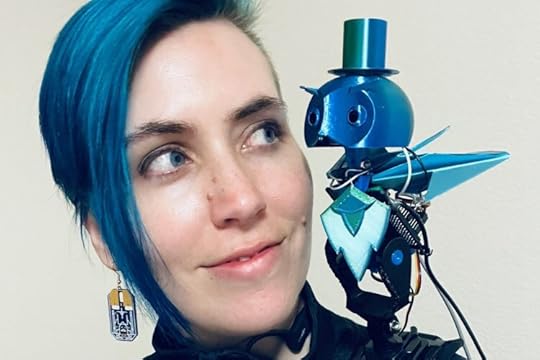 Alex Glow makes eye contact with shoulder-mounted companion bot, Archimedes.